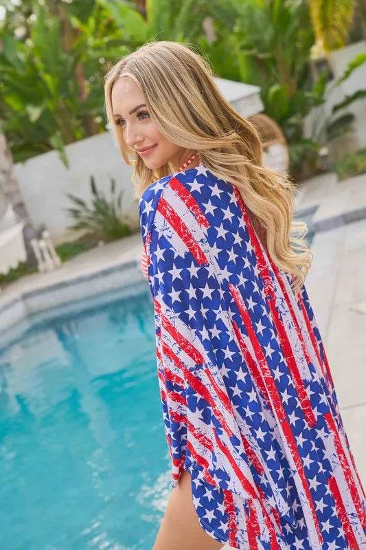 And The Why American Flag Print Dolman Sleeve Kimono Cardigan