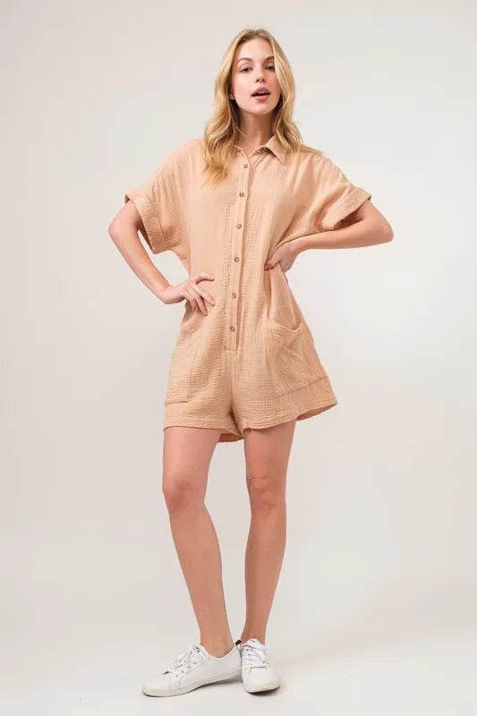 And The Why Washed Gauze Roll-up Sleeve Comfort Utility Romper