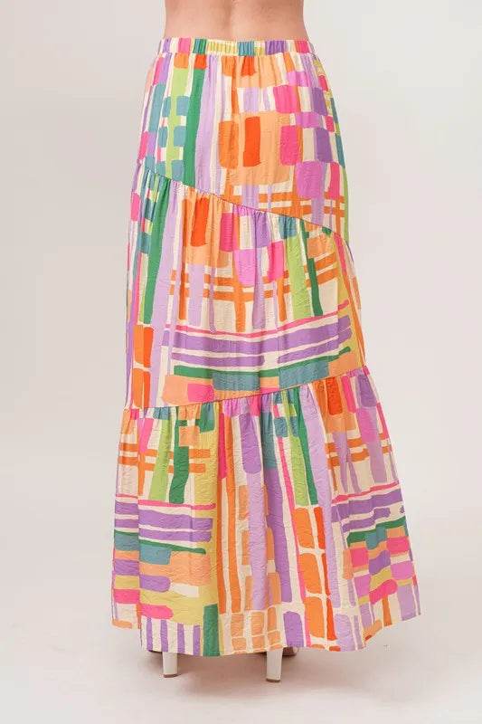 And The Why Asymmetric Geo Printed Tiered Maxi Skirt