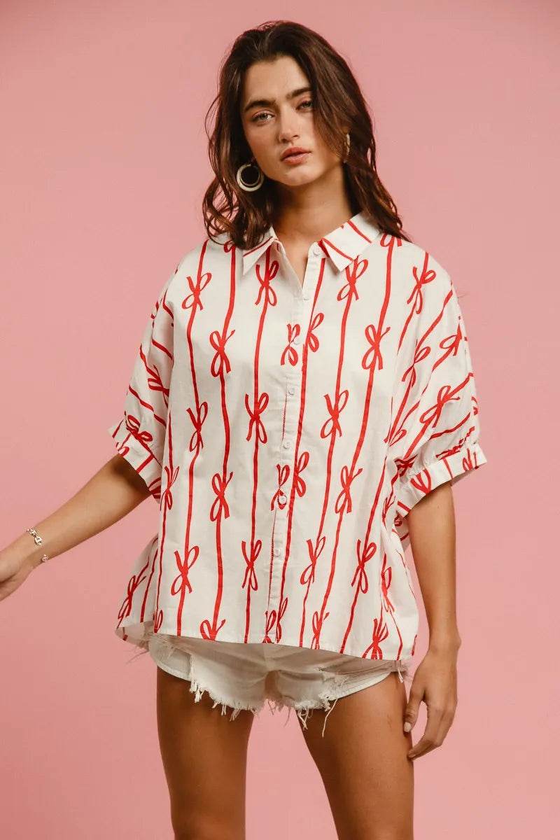 BiBi Bow Ribbon Woven Printed Button Down Shirt