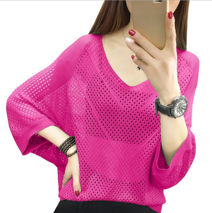 Hollow-out Short-sleeved Loose Knitted Shirt V-neck