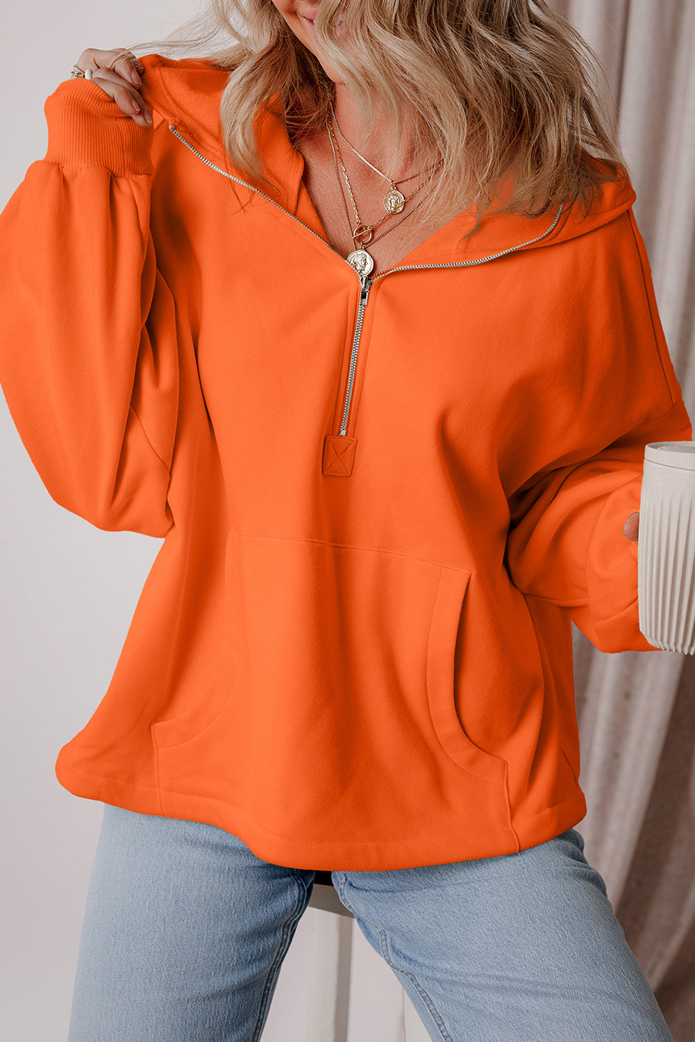 Kate Fleece Lined Half Zipper Kangaroo Pockets Loose Hoodie