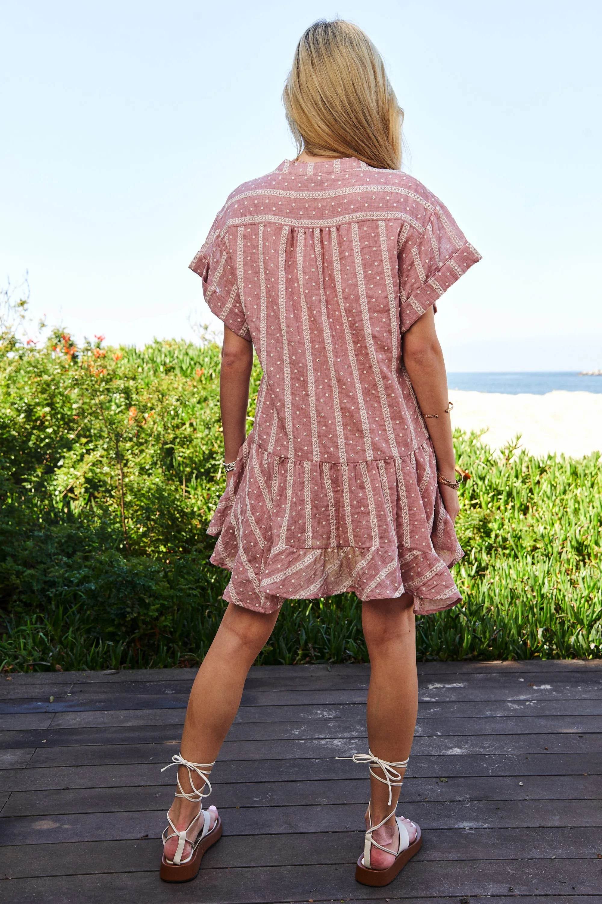 Davi & Dani Embroidery V Neck Short Sleeve Ruffled Mini Dress