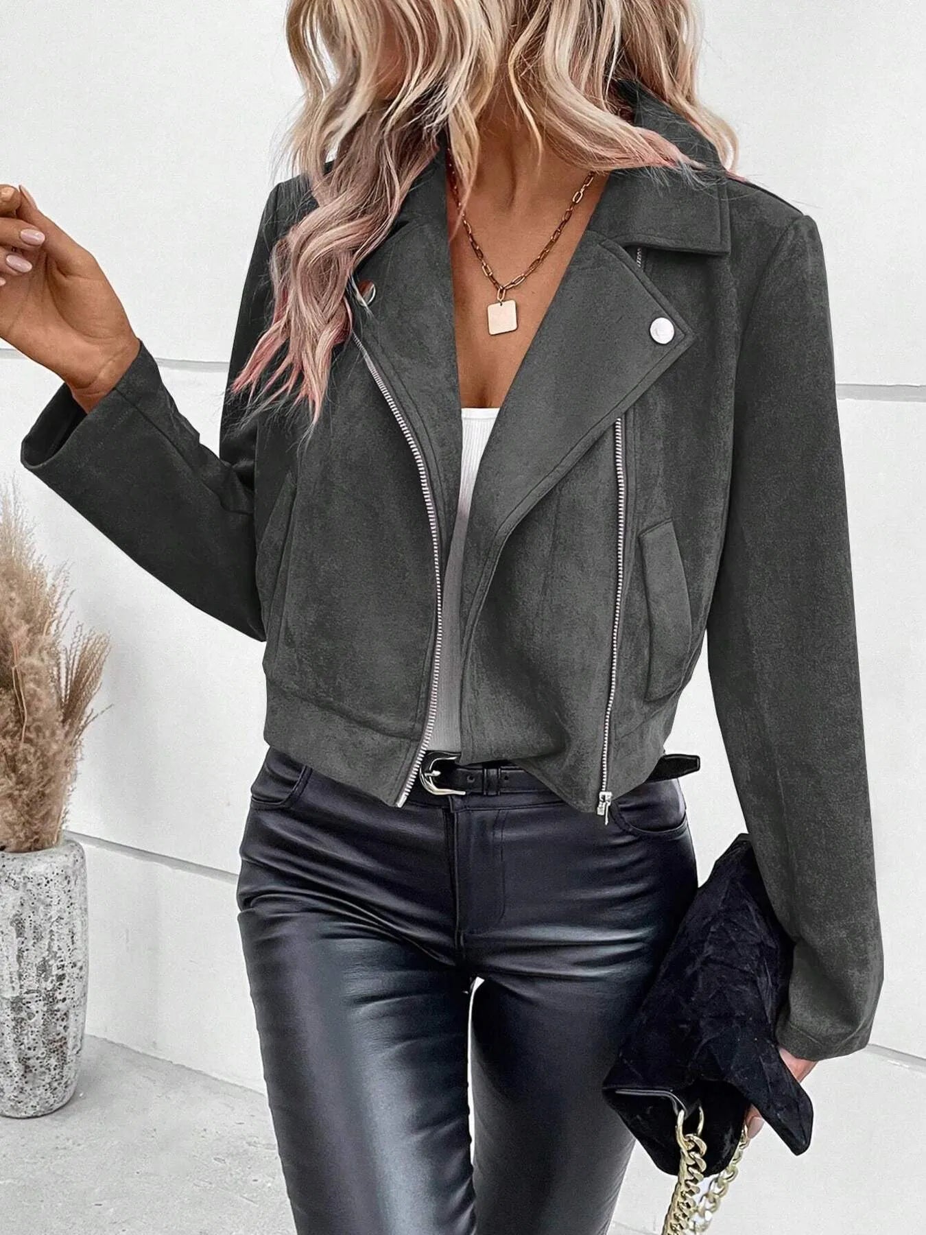 Bold & Bossy Zip-Up Suede Moto Crop Jacket