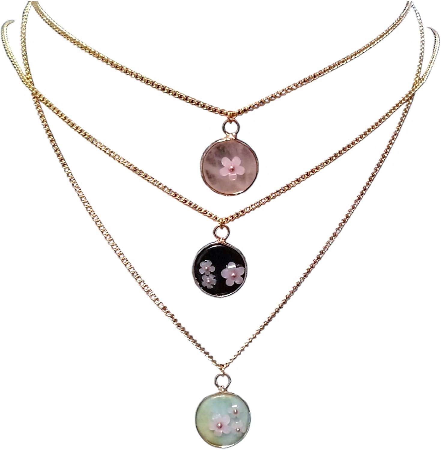 18K Gold Plated Natural Stone Necklace with Color Changing Floral Design, Black Obsidian, Amazonite, Rose Quartz, UV Reactive