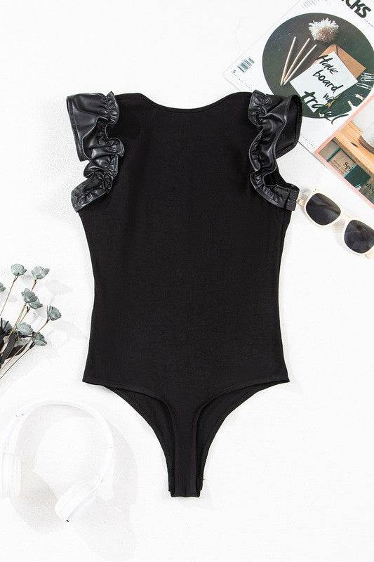 Ruffle Patchwork Ribbed V Neck Bodysuit