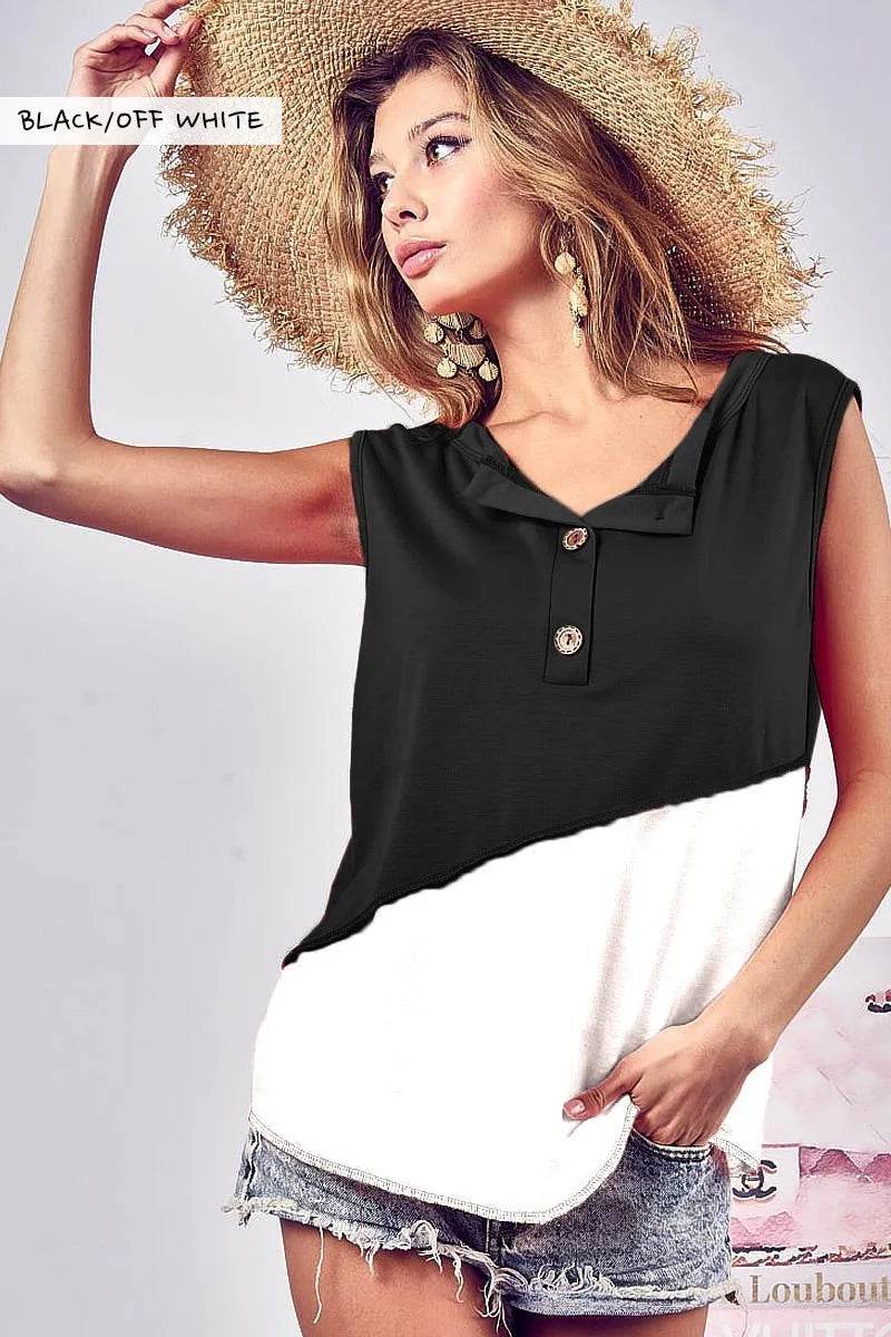 BiBi Color Block Contrast Stitching Buttoned Henley Top