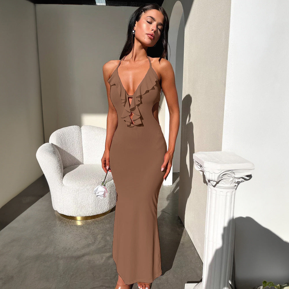 Hot Girl Close-fitting And Slim-fitting Pure Color Halter Sling Dress