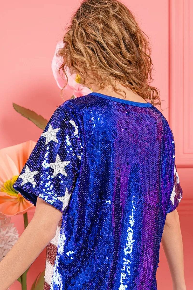 BiBi American Flag Theme USA Lettering Sequin Top