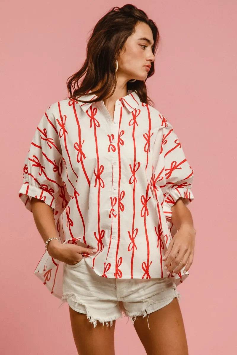 BiBi Bow Ribbon Woven Printed Button Down Shirt