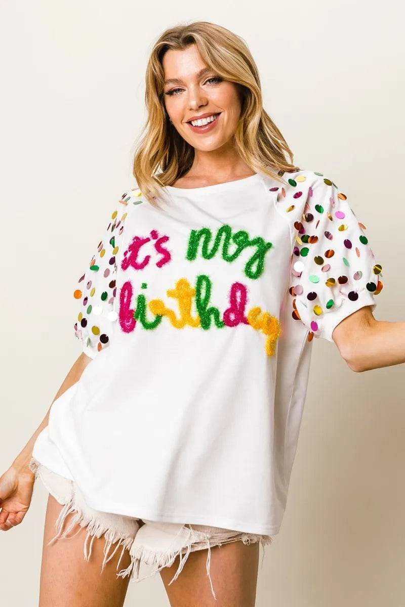 BiBi Metallic Letter Spangle Raglan Puff Sleeve Top