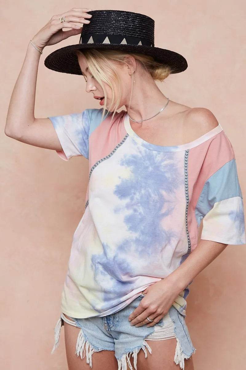 BiBi Tie Dye Printed Cotton Color Block T-Shirt