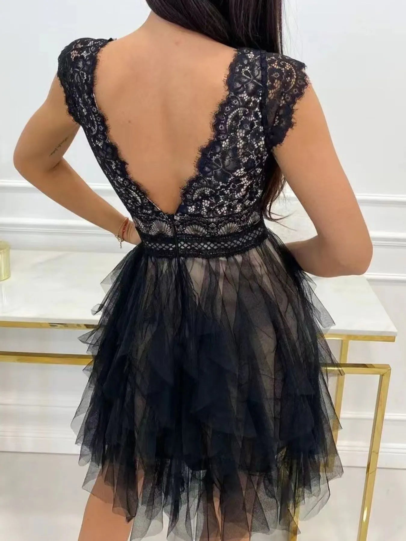 Lace V-Neck Ruffle Dress