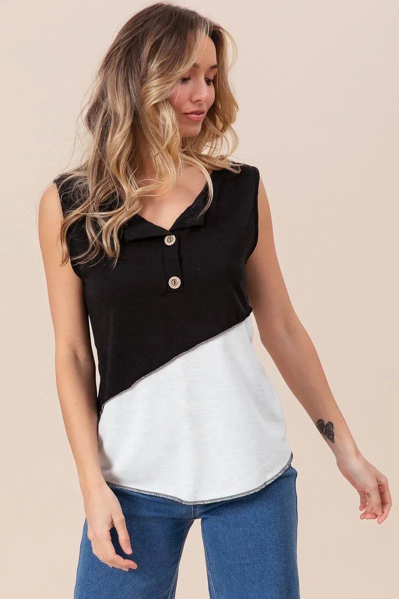 BiBi Color Block Contrast Stitching Buttoned Henley Top