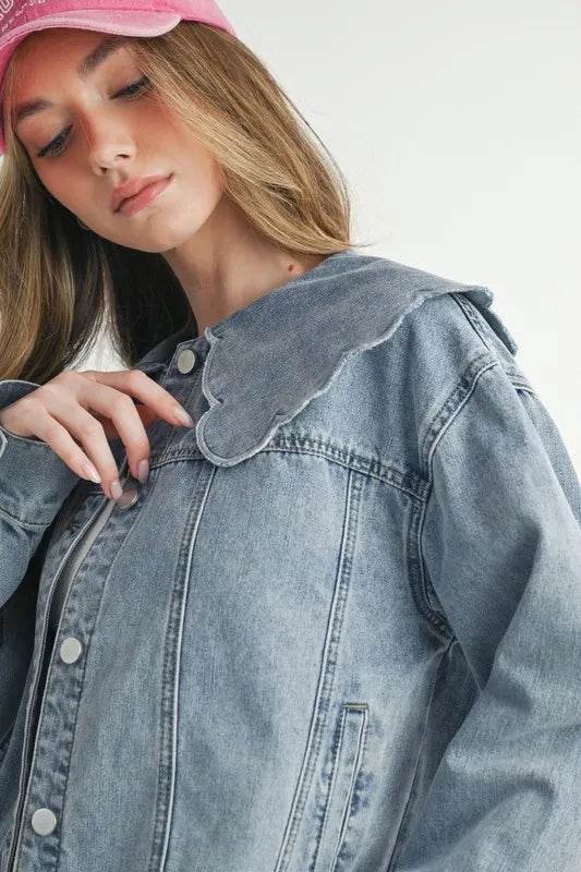 MABLE Scallop Peter Pan Collar Denim Jacket