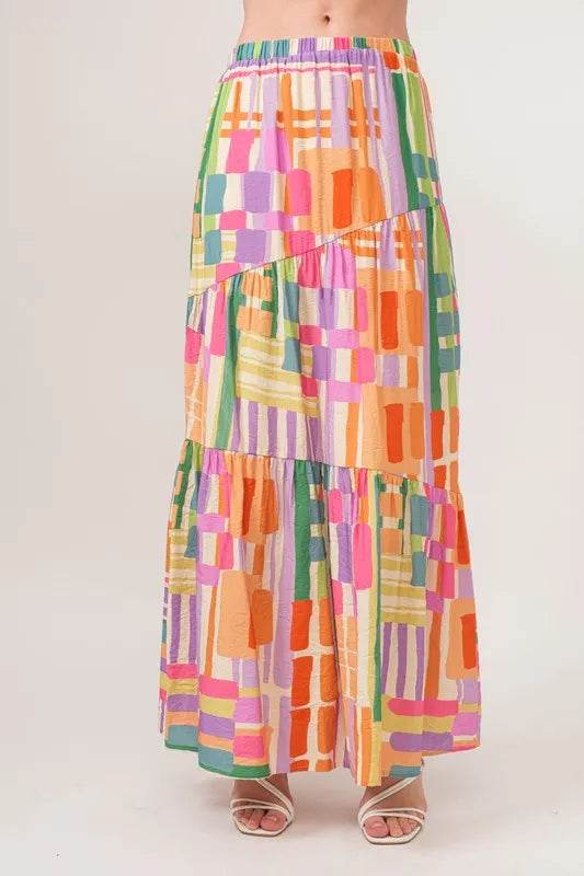 And The Why Asymmetric Geo Printed Tiered Maxi Skirt