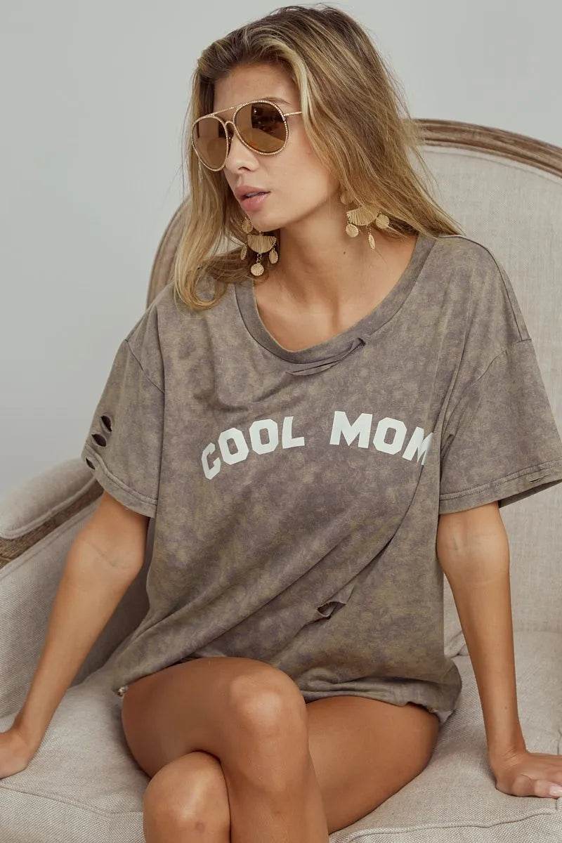 BiBi Washed Laser Cut Detail Cool Mom Print Top