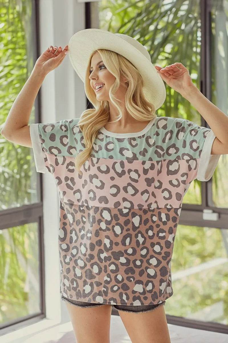 BiBi Leopard Printed Jersey Color Block Roll Up