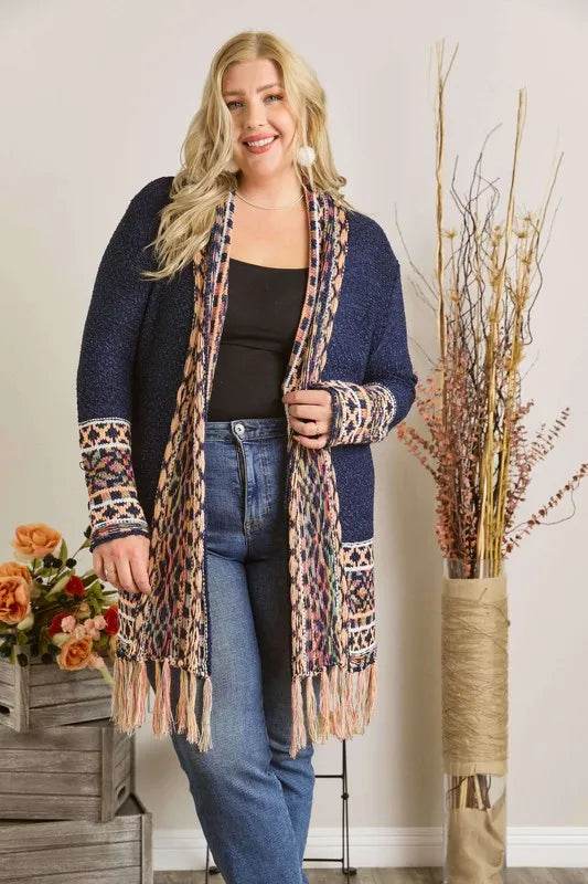 ADORA Full Size Fringe Hem Aztec Border Cardigan Plus Size