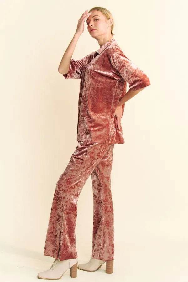 Davi & Dani Crushed Velvet Button Front Easy Lounge Shirt Top
