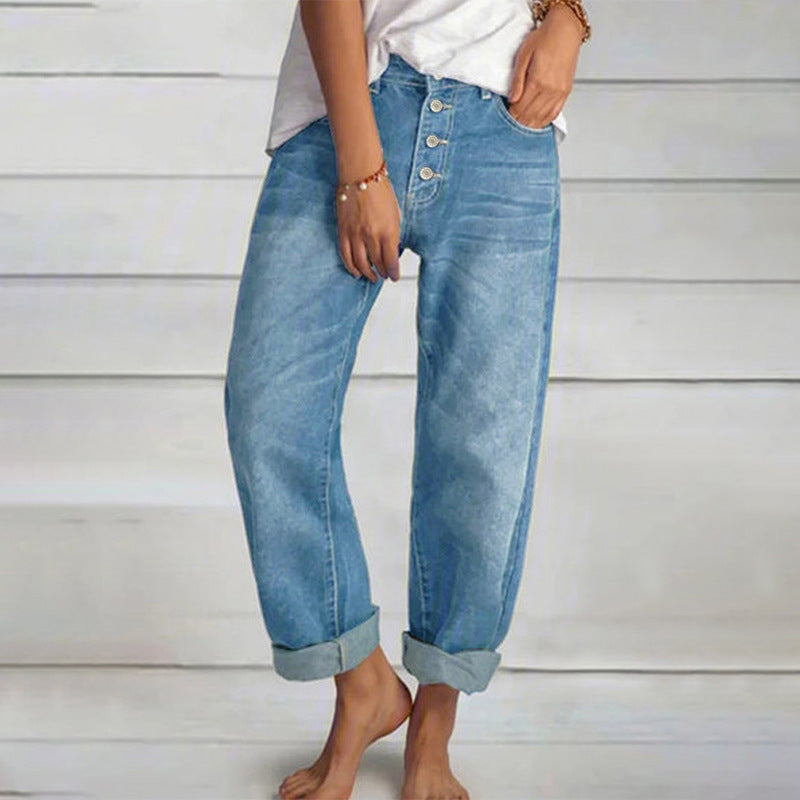 New Jeans Loose Leisure All-matching Simple And Thin Half-length Pants Straight-leg Pants Women
