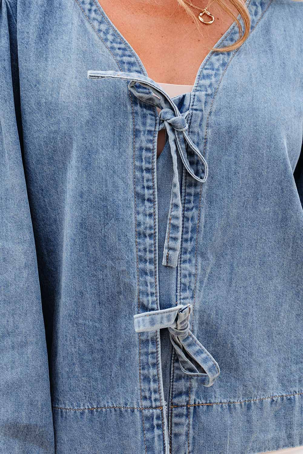 Oakley Tied Front Long Puff Sleeve Denim Top