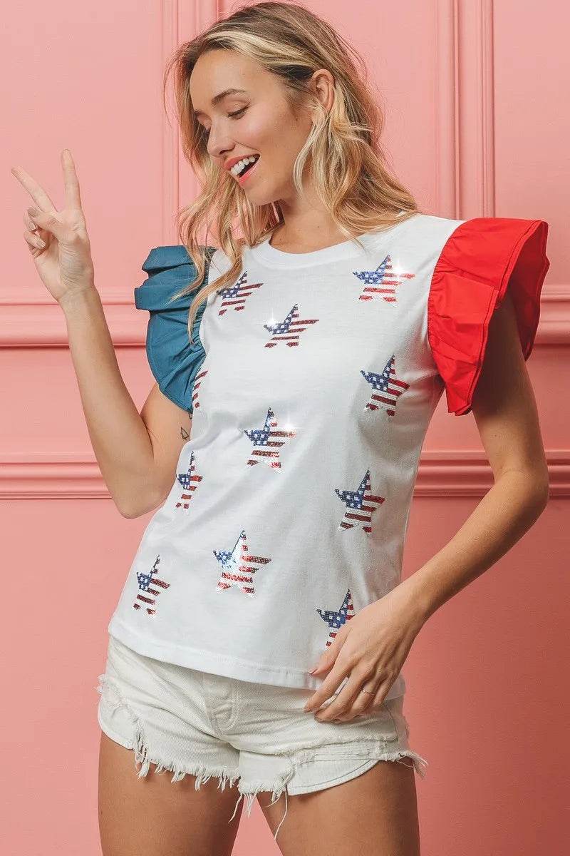 BiBi American Flag Sequin Stars Top
