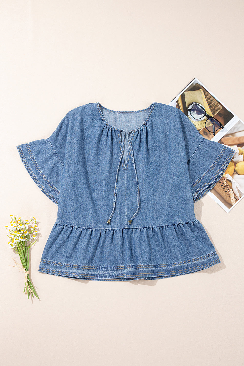 Liv Denim Ruffled Sleeve Lace up Front Peplum Top