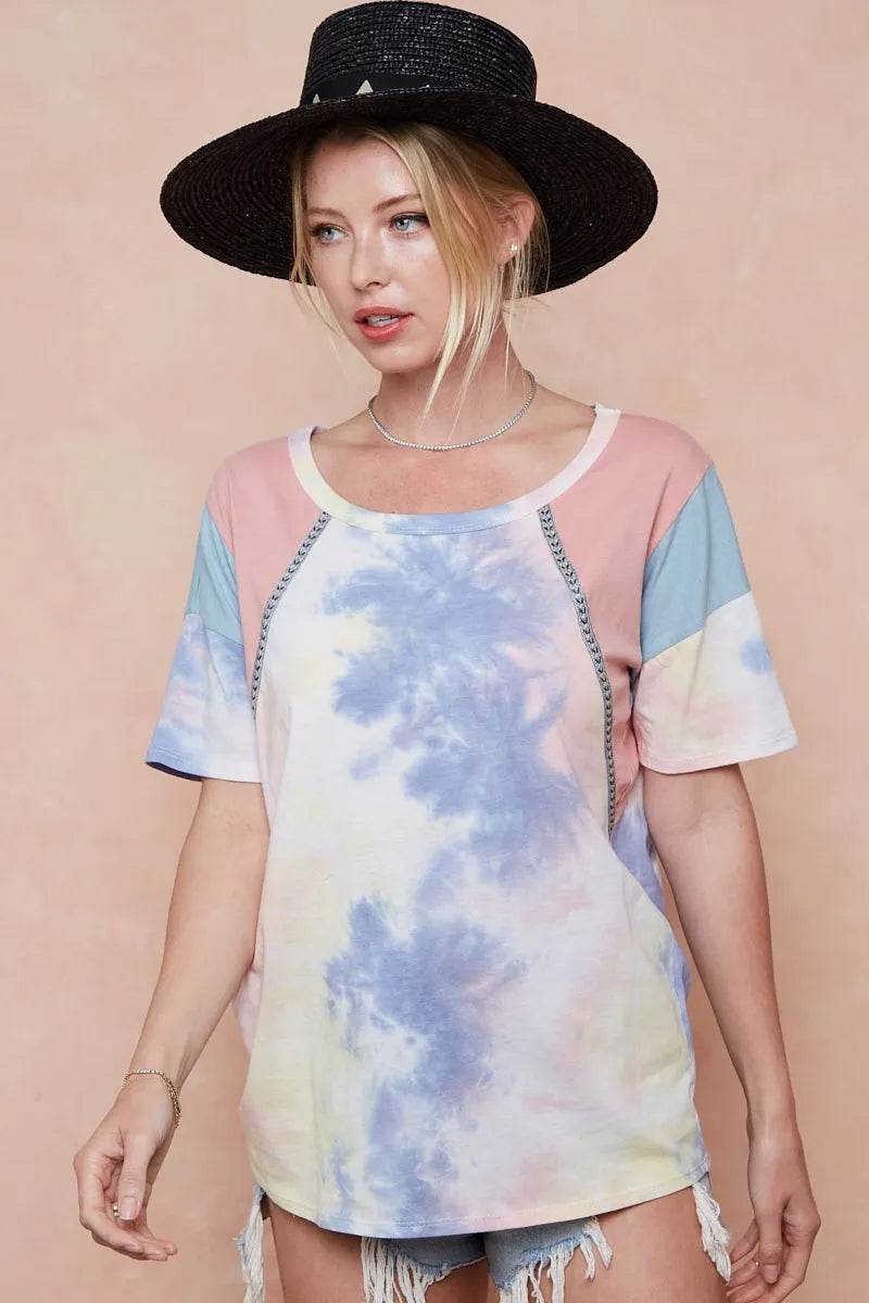 BiBi Tie Dye Printed Cotton Color Block T-Shirt