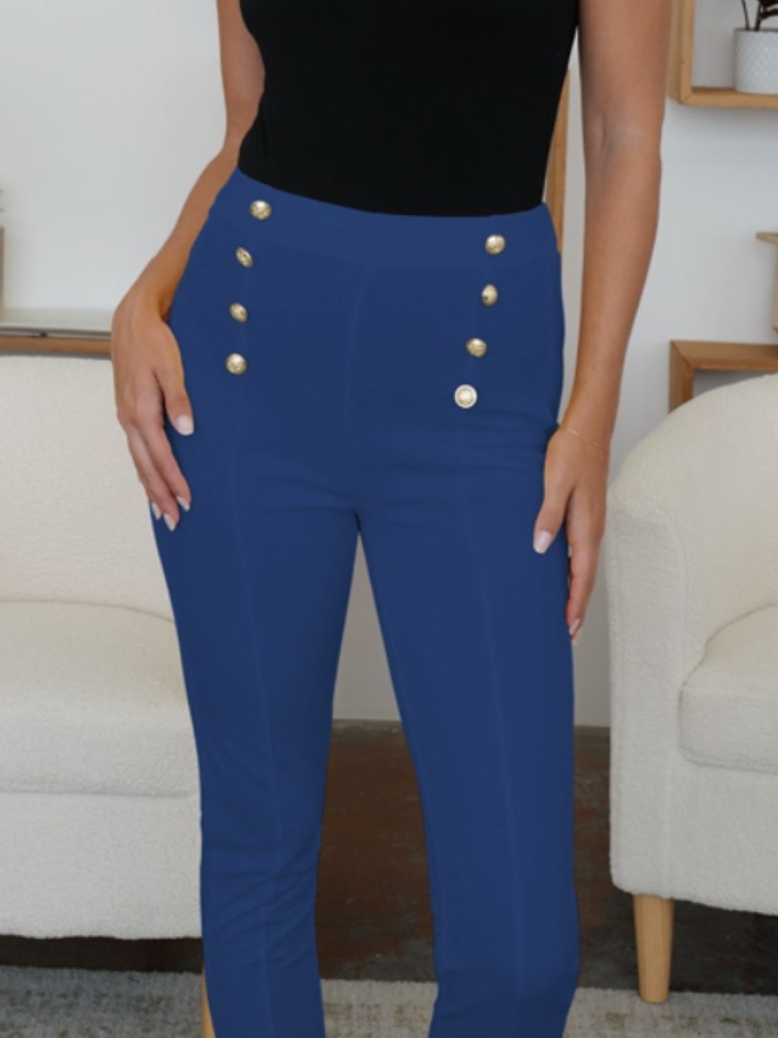 Chic High-Waist Button Detail Skinny Pants