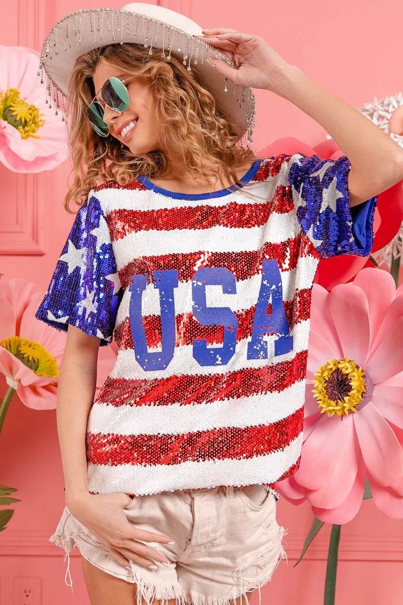 BiBi American Flag Theme USA Lettering Sequin Top