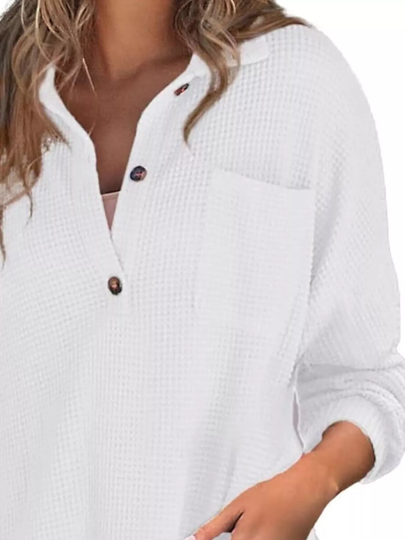 Casual Waffle Knit Button Detail Blouse