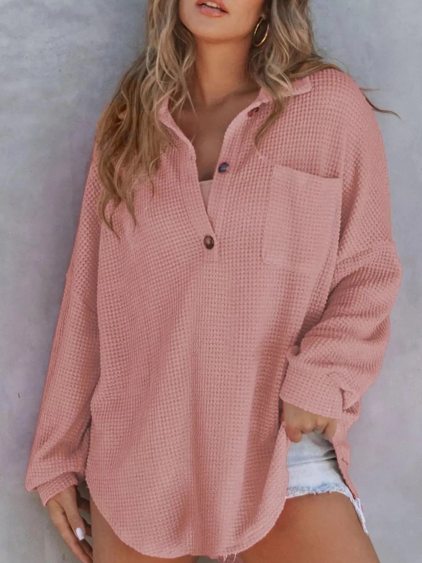 Casual Waffle Knit Button Detail Blouse