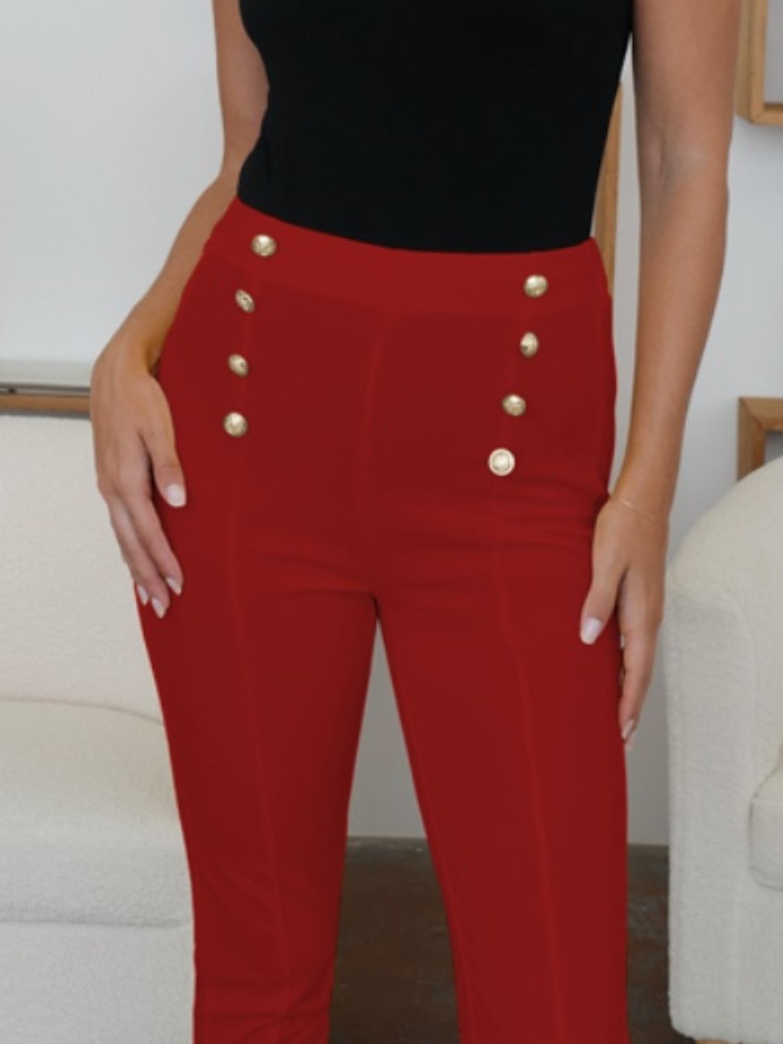 Chic High-Waist Button Detail Skinny Pants