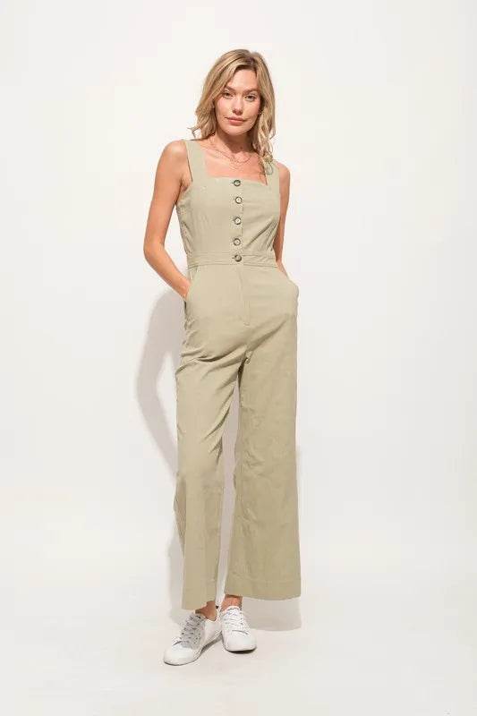 And The Why Square Neck Button Down Cropped Wide Leg Jumpsuit