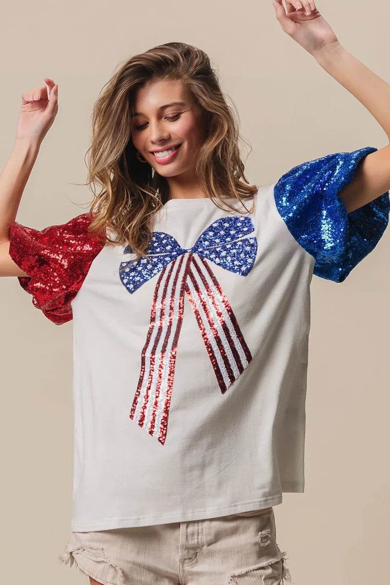 BiBi Sequin American Flag Bow Top