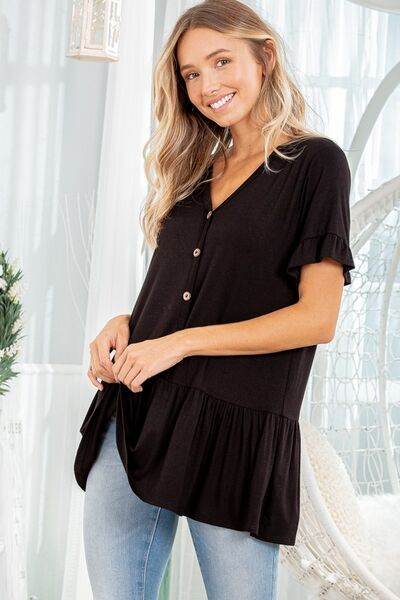 Heimish Full Size Ruffled V-Neck Short Sleeve Blouse Plus Size