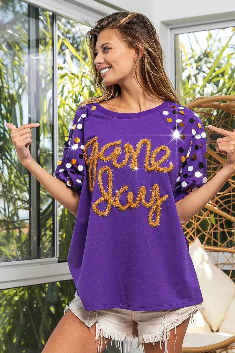 BiBi Game Day Metallic Letter Spangle Sleeve Top