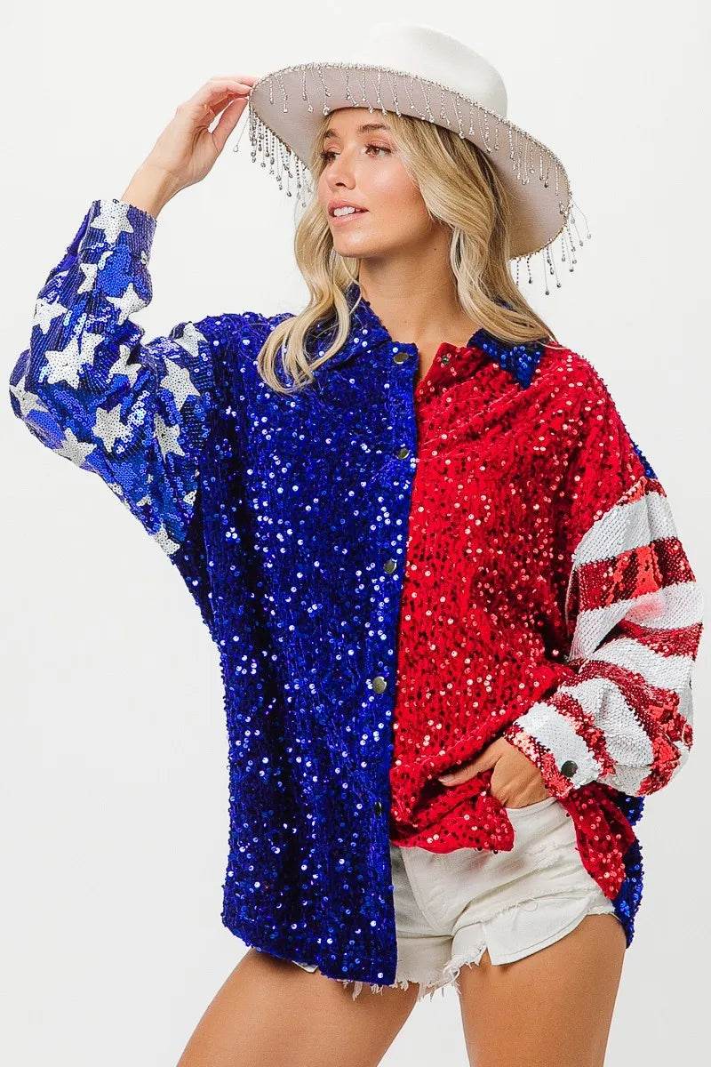 BiBi American Flag Sequin Snap Down Shirt