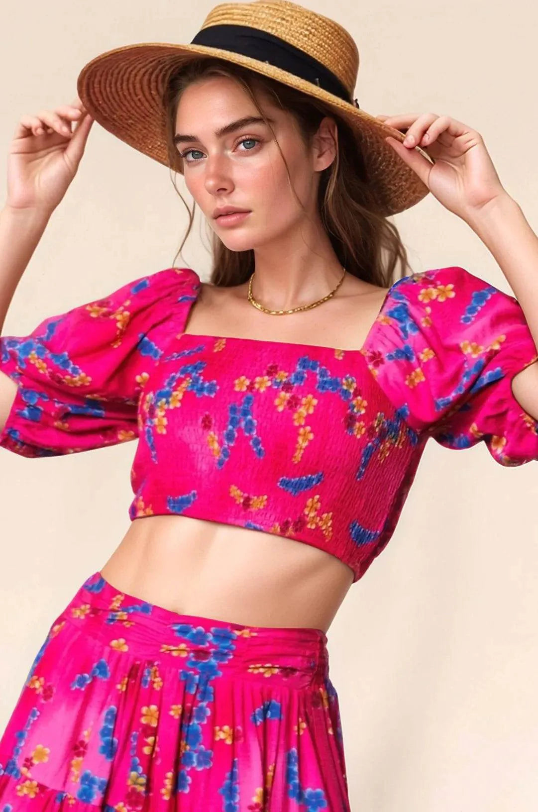 Davi & Dani Smocing Bodice Puff Short Sleeve Printed Crop Top