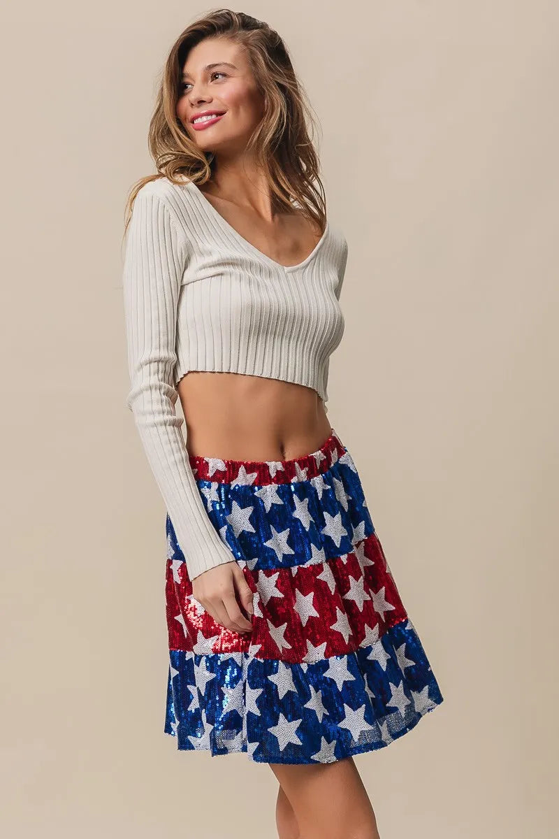 BiBi American Flag Theme Star Sequin Tiered Skirt