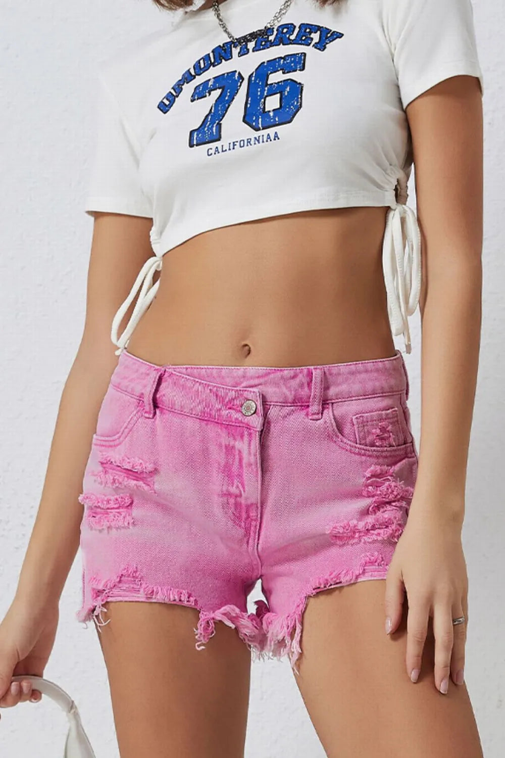 Crossover Cutie High Rise Distressed Denim Shorts