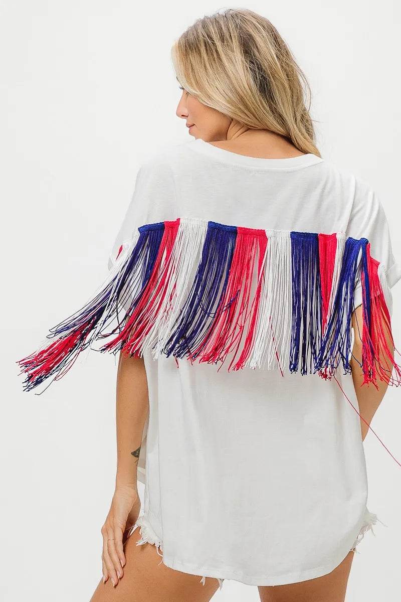 BiBi American Flag Sequin Star Fringe Top