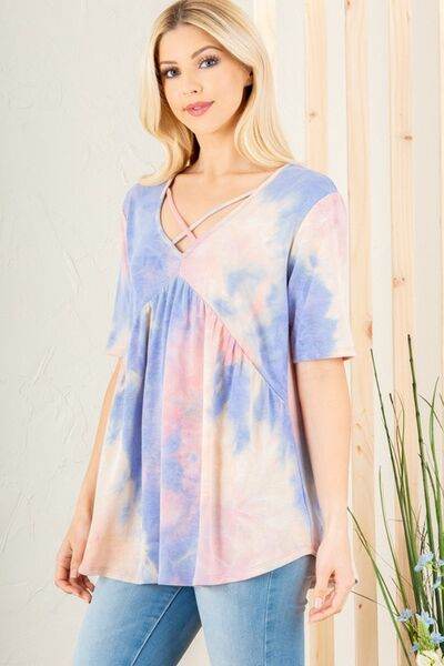 Heimish Full Size Crisscross Tie Dye Babydoll Top Plus Size