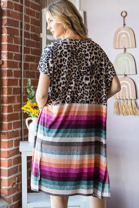 Heimish Full Size Animal Leopard and Stripe Open Cardigan Plus Size