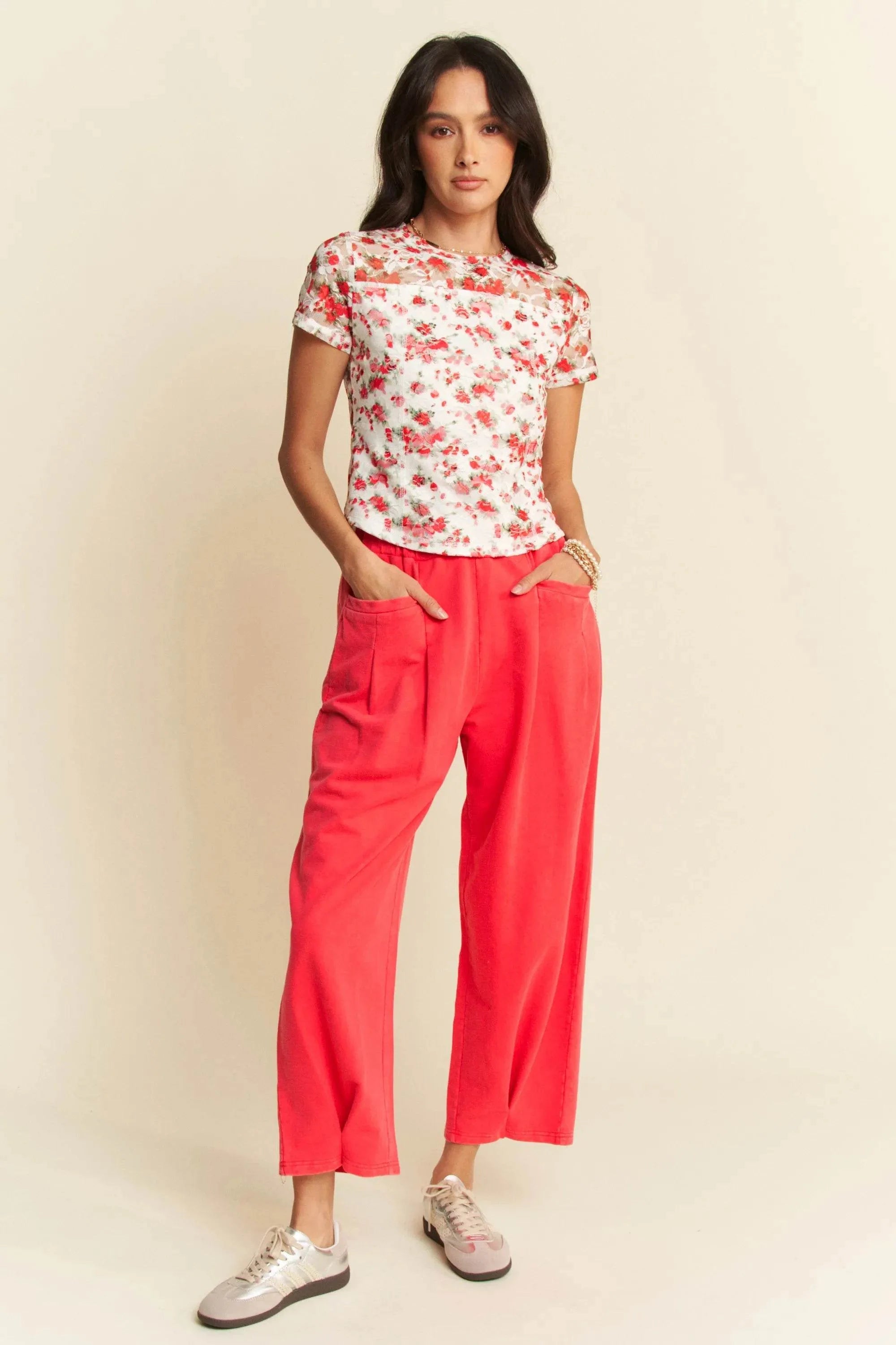 Davi & Dani Ribbon Short Sleeve Layered Mesh Top