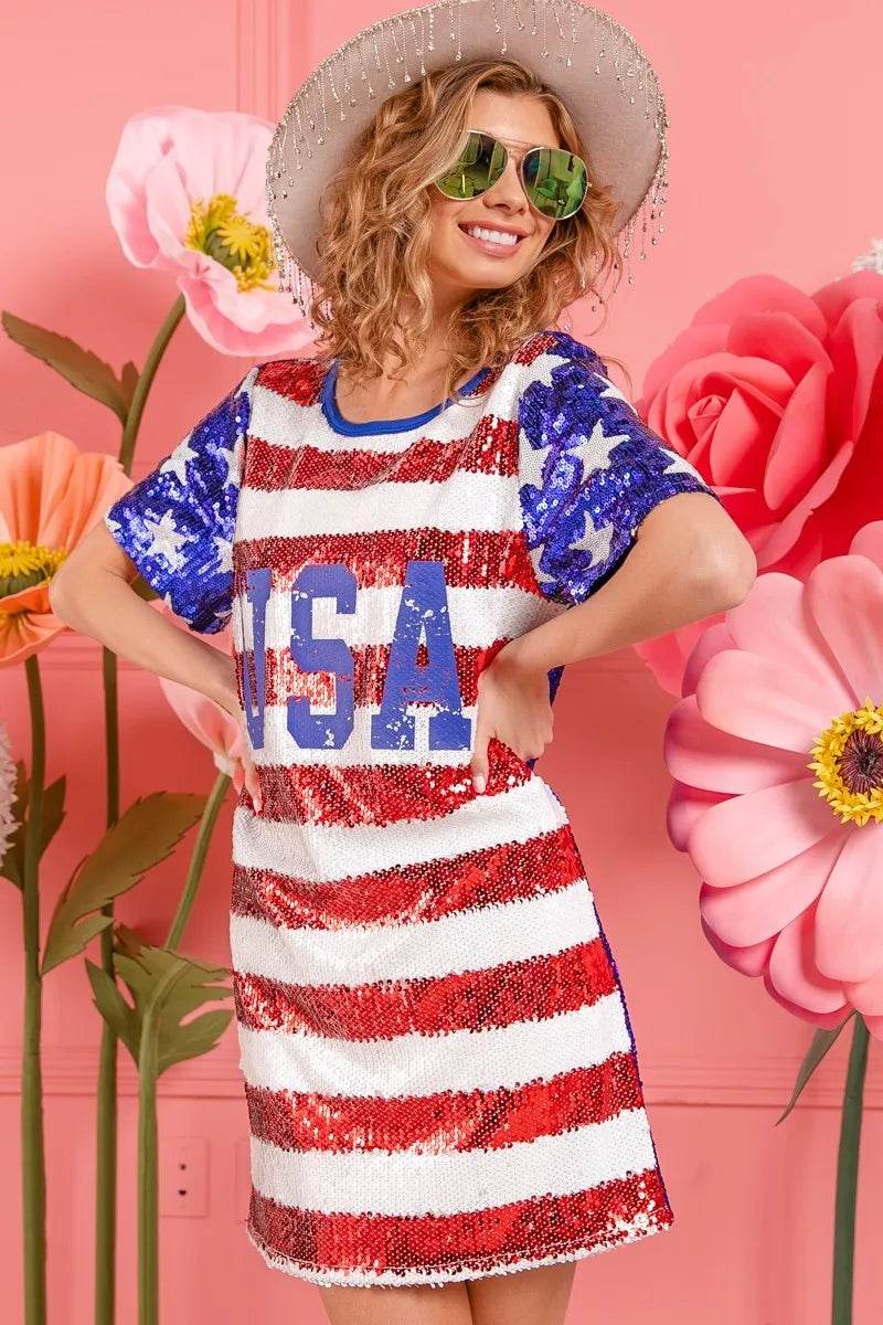 BiBi American Flag Theme Usa Print Sequin Dress