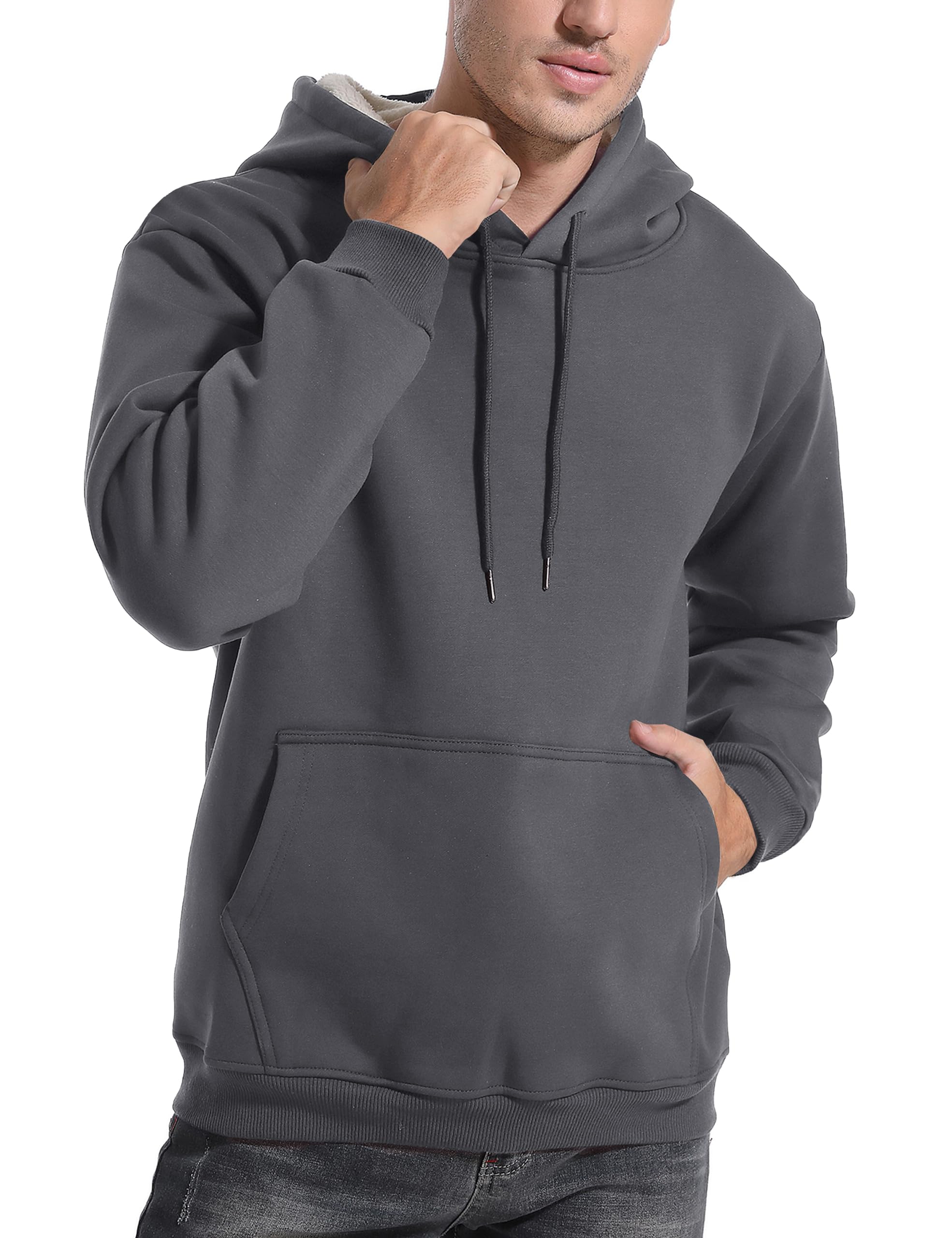 Flygo Men's Casual Fleece Sherpa Lined Hoodie Winter Warm Pullover Hooded Sweatshirt(Black-XL)