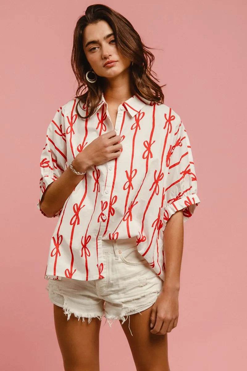 BiBi Bow Ribbon Woven Printed Button Down Shirt