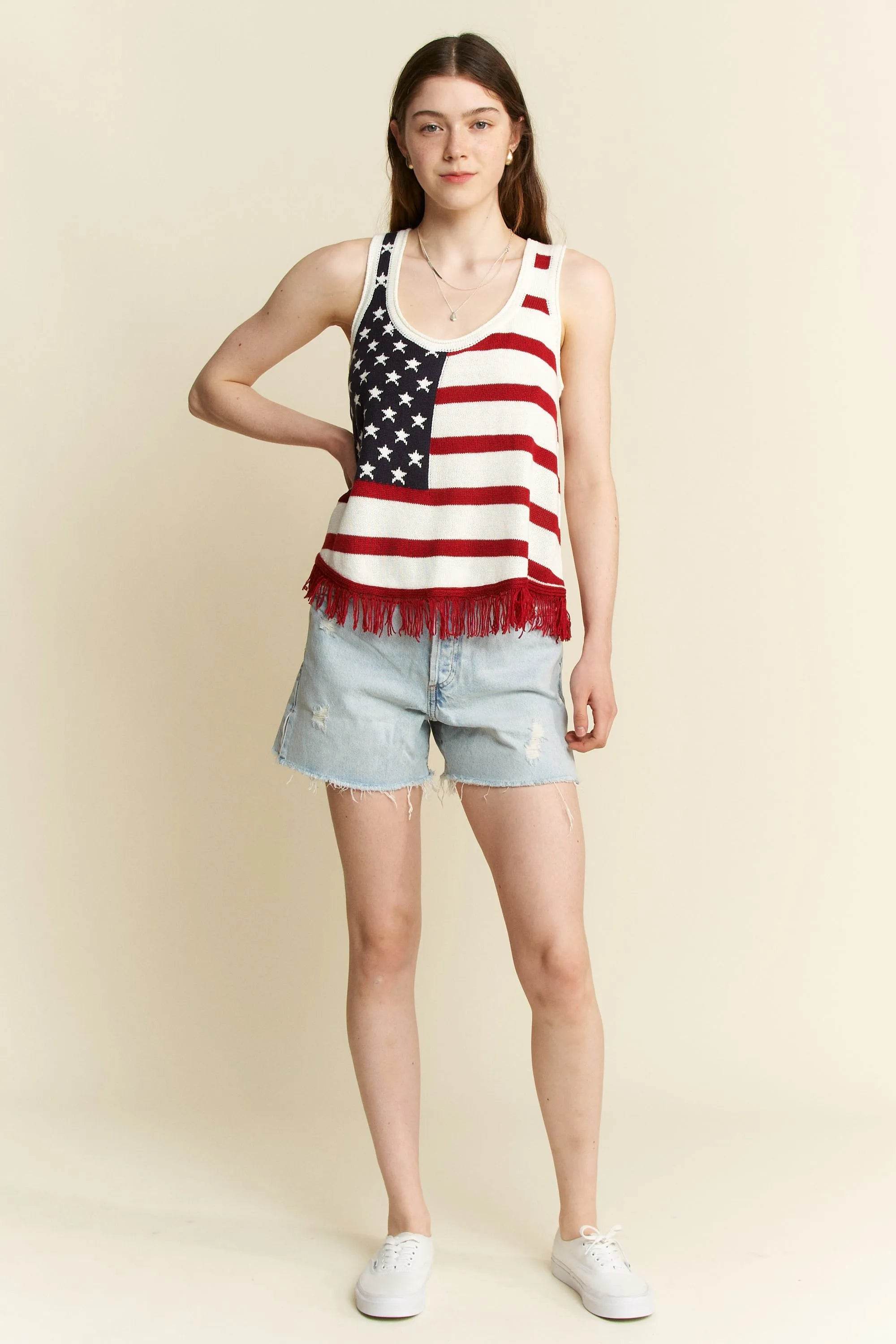 Jade By Jane Full Size American Flag Fringe Tank Top Plus Size